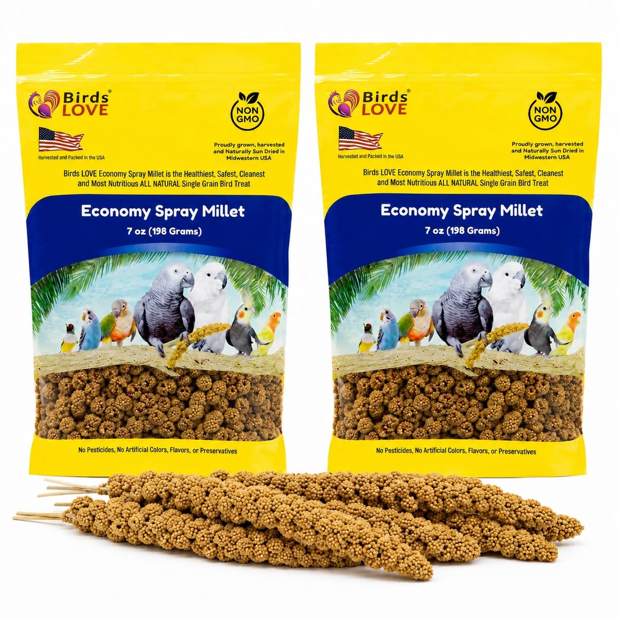 Birds LOVE® Economy Spray Millet for Birds, 7 oz, GMO-Free Natural Millet Spray Treat, Stem-Reduced Edible Tops, Grown in USA, for Parakeets, Cockatiels, Lovebirds, Finches, Canaries -Pack of 2