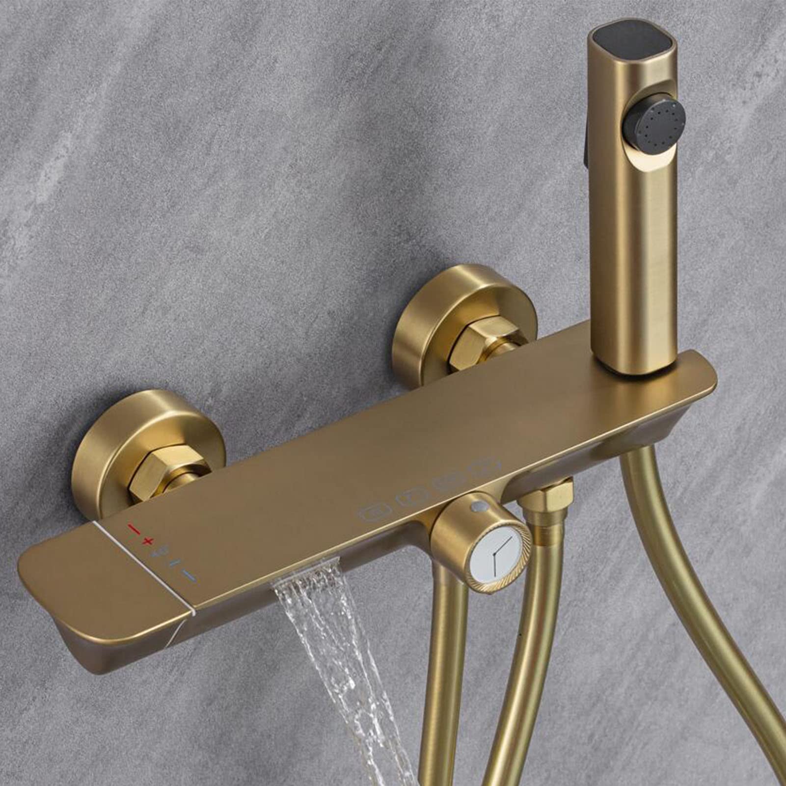 Rubinetto per Vasca da Bagno a Parete, con Cascata, con doccetta, doccetta per Bidet, Set Doccia termostatico, Rubinetto con Maniglia Singola, Oro Spazzolato, Spazzolato G (Nero)
