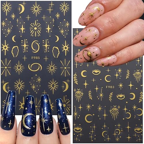 Miniatura 2 de 8 hojas de calcomanías metálicas para uñas 3D doradas, diseño de sol, estrella, luna, espacio, retro, bronceado, autoadhesivas, decoración de uñas,