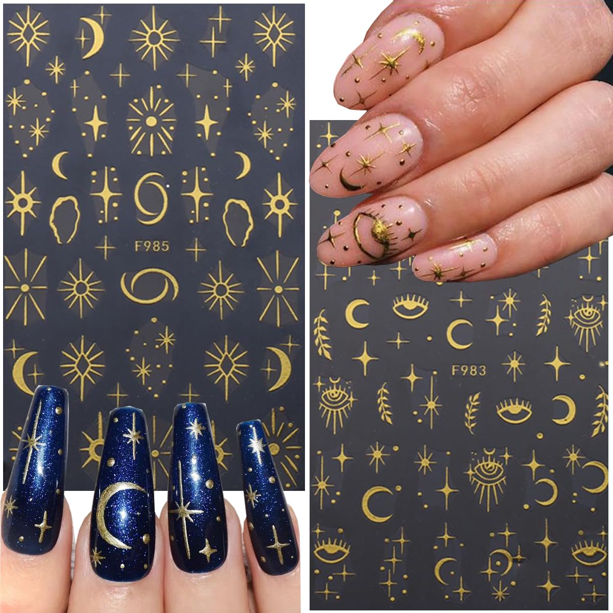 8Sheets Metallic Nail Stickers 3D Gold Nail Art Decals Sun Star Moon Space Retro Bronzing Design Self-Adhesive Nail Art Sticker, DIY French Tip Manicure Decoration Supplies Accessories for Women Girls