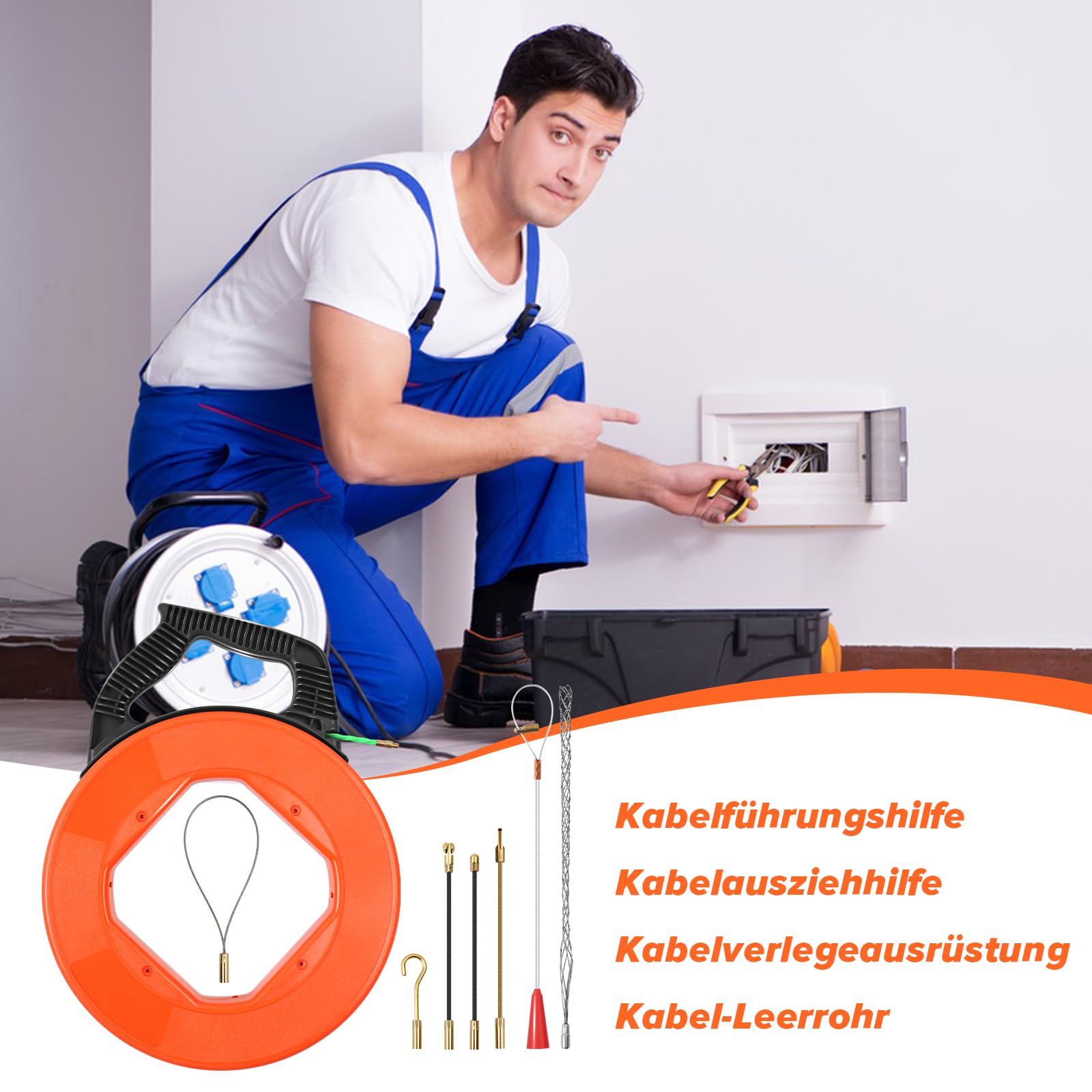 Kabeleinziehband 50 Meter 4,5mm Mit 7 FüHrungs federn Fiberglas Kabel Bandspulen Reel Puller Abziehvorrichtung Glasfaser Kabeleinziehgerät Kabel Werkzeug Elektriker Werkzeuge