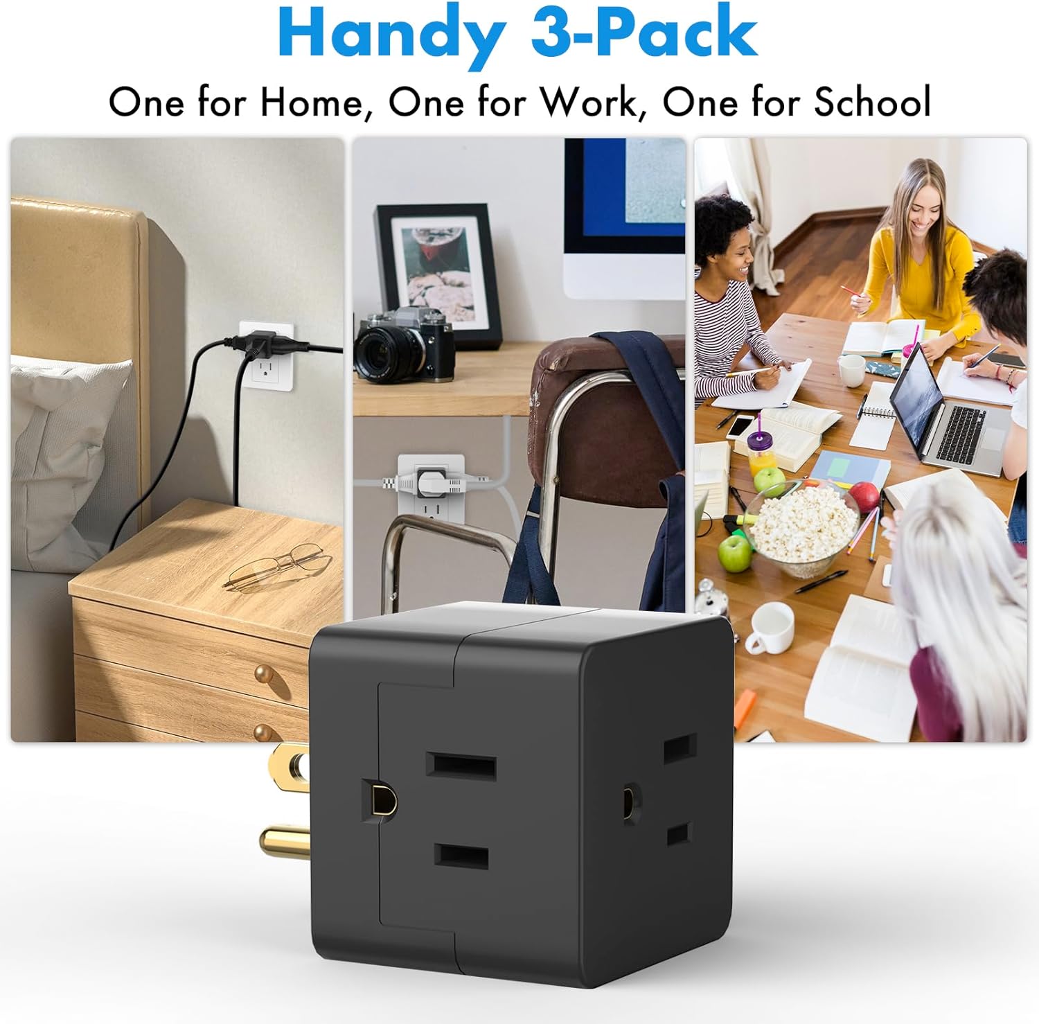 POWERCORDS 3 Power Blocks Outlet Splitter, 3 Pack, Grounded Wall Tap, 3-Prong Plug Adapter AC Multi Plug Wall Outlet, Power Splitter, Cruise Essentials, for Home Office School Dorm, UL Listed,Black