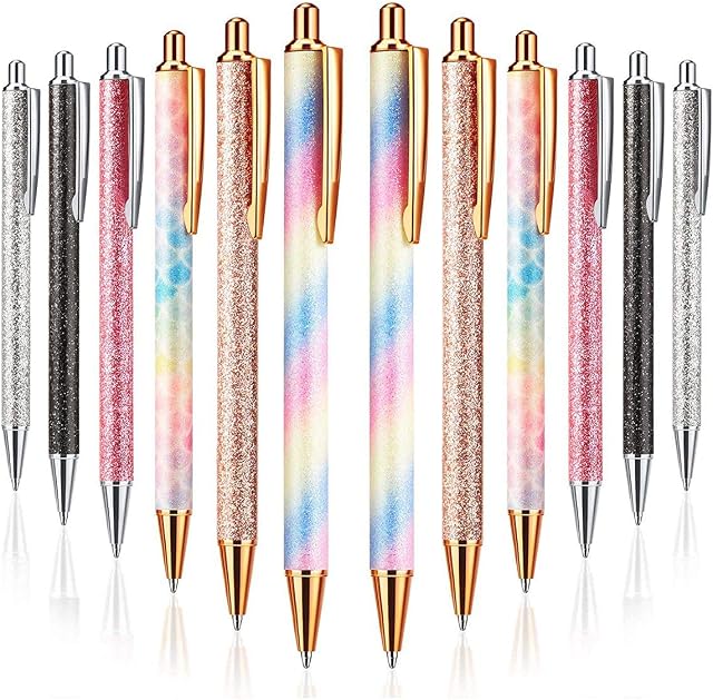 Fhdpeebu 12Pcs Ballpoint Pens, 1.0 mm Click Retractable Ballpoint Pens Metal Pens Glitter Retractable Pen, Black Ink Medium Point Rose Gold Ball Pens for Men, Women, Students, Business