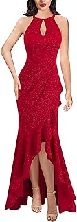 Womens Sexy Halter Neck Formal Cutout Ruffle Slit Ruched Prom Maxi Dress Wedding Guest HI-LO Mermaid Evening Gown - Buy now