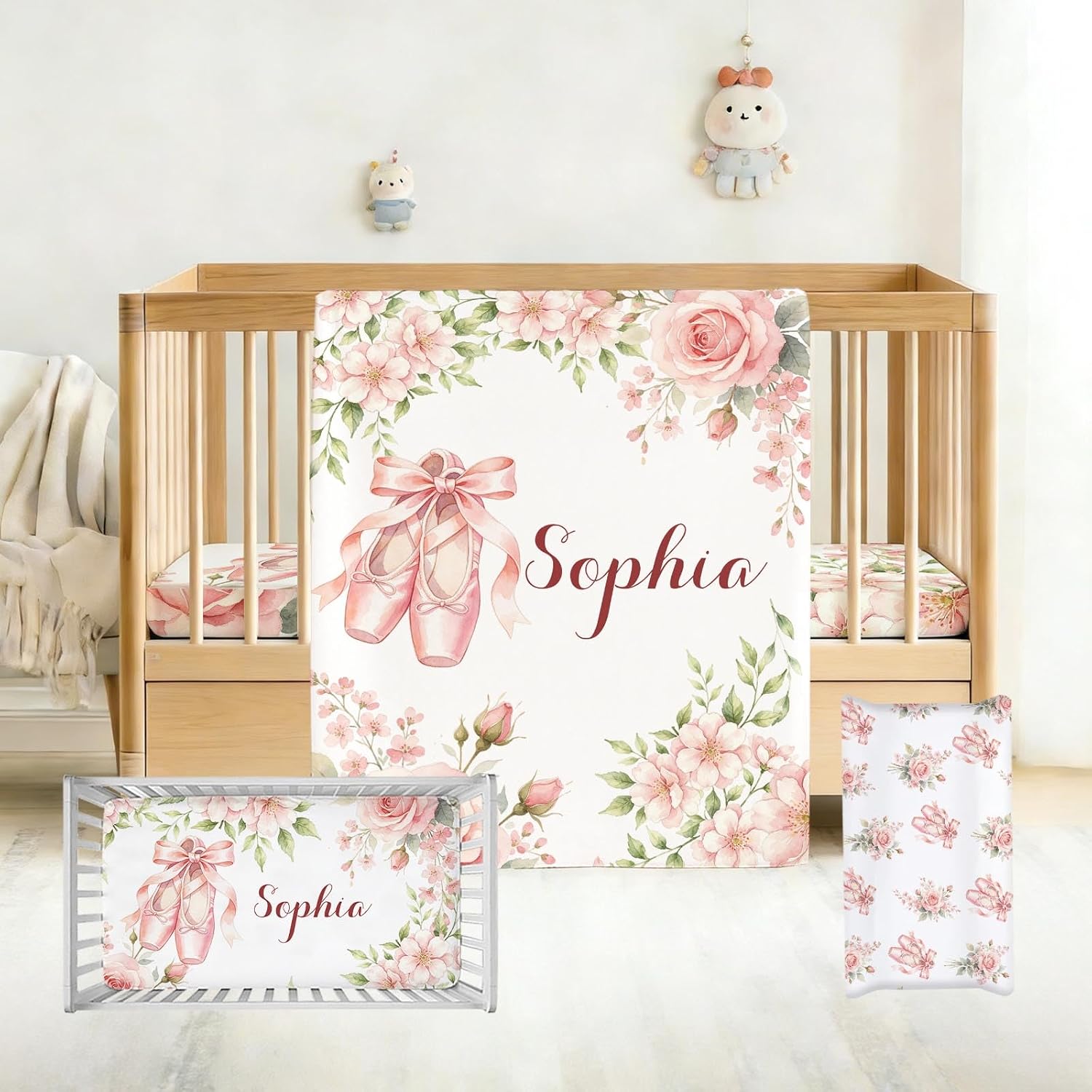 Personalized Baby Girl Crib Bedding Set with Name, Bear and Hot Air Balloon 3 Piece Nursery Bedding with Flannel Blanket, Fitted Crib Sheet and Changing Pad Cover, Newborn Toddler Gift