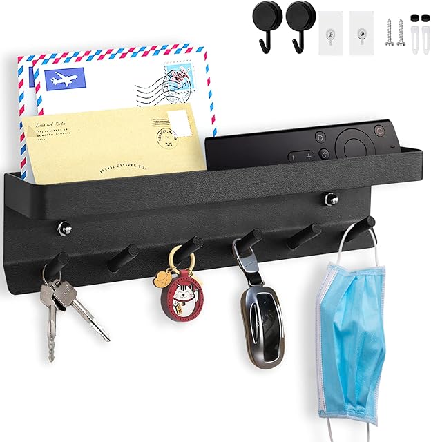Echehi 6 Hooks Modern Key Holder, Multifunctional Self Adhesive or Drilling 2 Ways Installation Wall Key Rack, Key Hooks Wall Mounted for Entrance Area, Kitchen, Office, Bathroom, Living Room(Black)