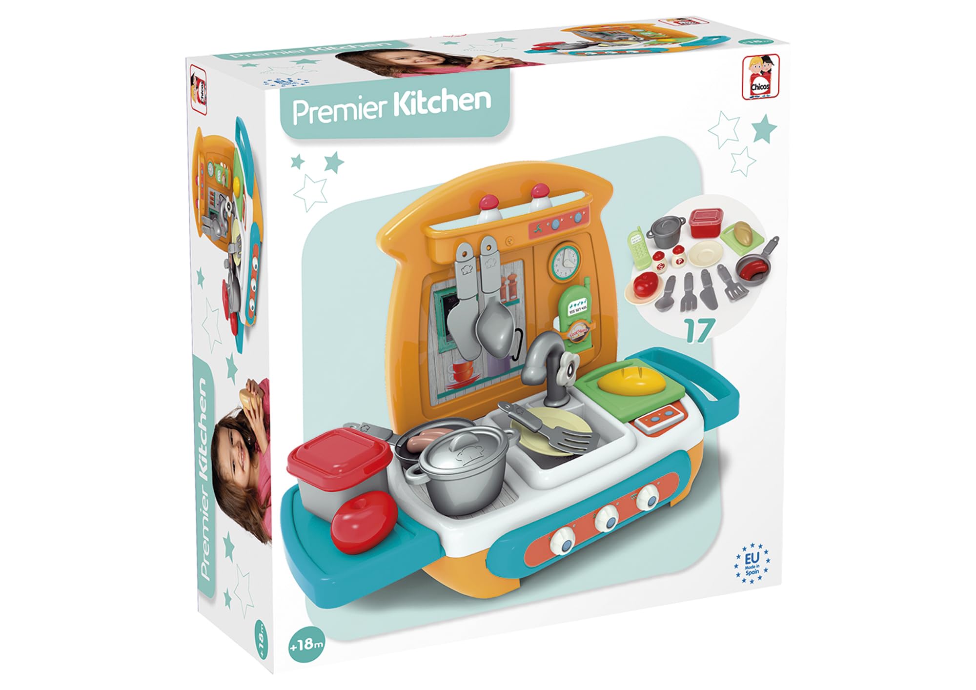 Chicos - Premier Kitchen - Cocinita Infantil | Incluye 15 Accesorios como Ollas, Cubiertos, Fruta y Sartén | Cocina Juguete a Partir de 18 Meses (84001)
