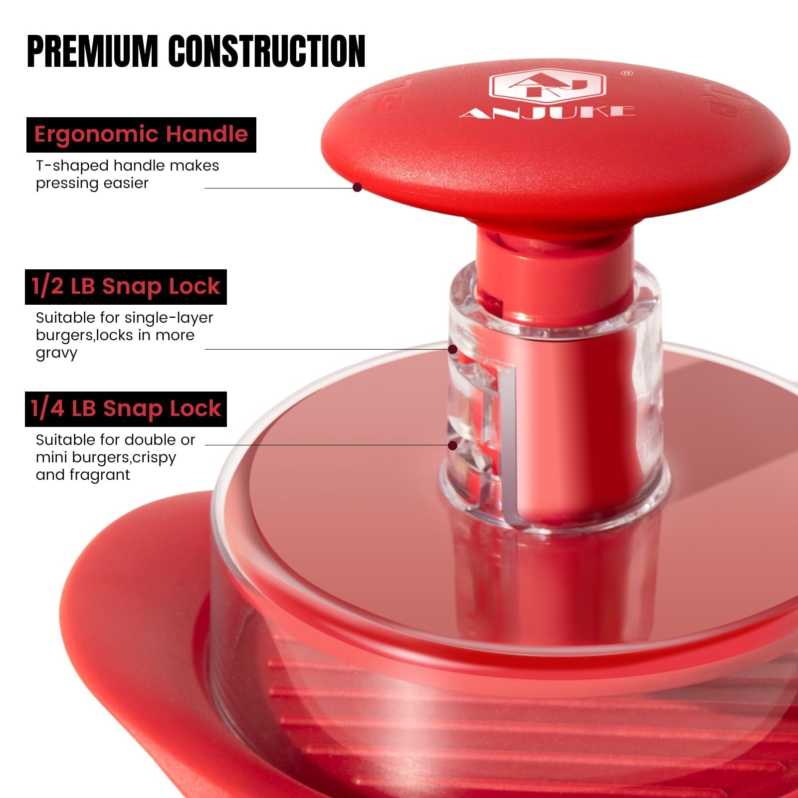 Burger Press, 6.4 inch Round Burger Smasher, 2 in 1 Non-Stick Burger Press Patty Maker for Making 1/2 lb and 1/4 lb BBQ Baking Stuffed Burgers Beef Burger(Red) — view 5