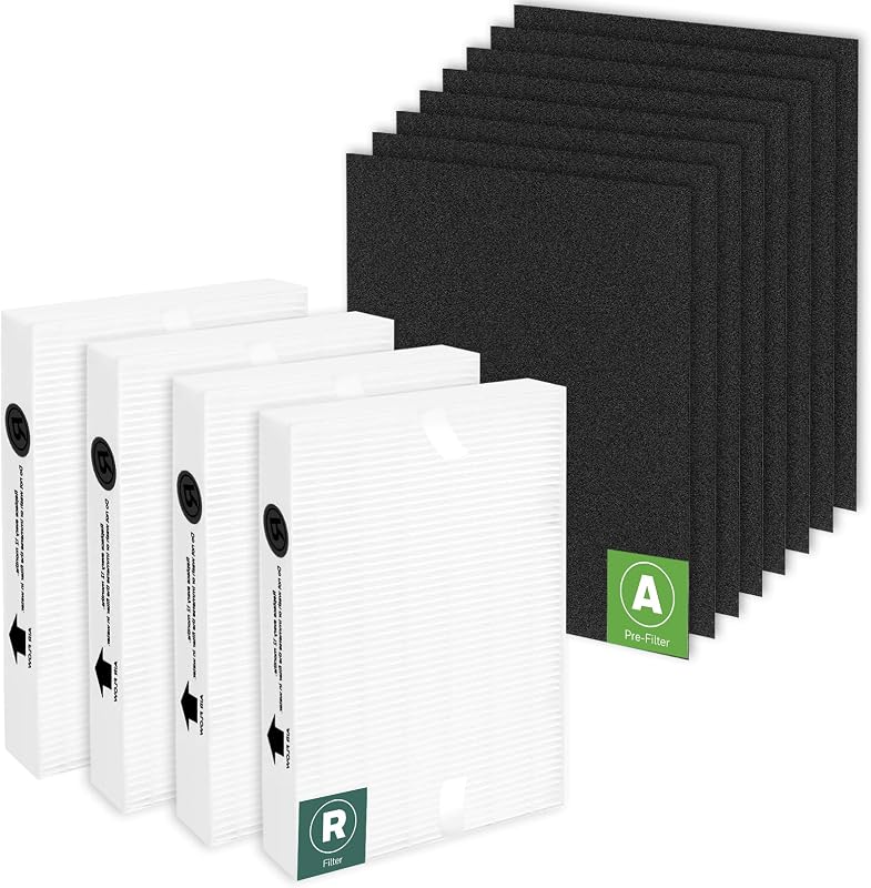 HPA100 Replacement Filters for Honeywell Air Purifier,Compatible with HPA100,HPA094, HPA104, HPA105 HPA3100, HPA5100,4 True HEPA R Filter + 8 Activated Carbon Pre-Filter A,Part No. HRF-ARVP100
