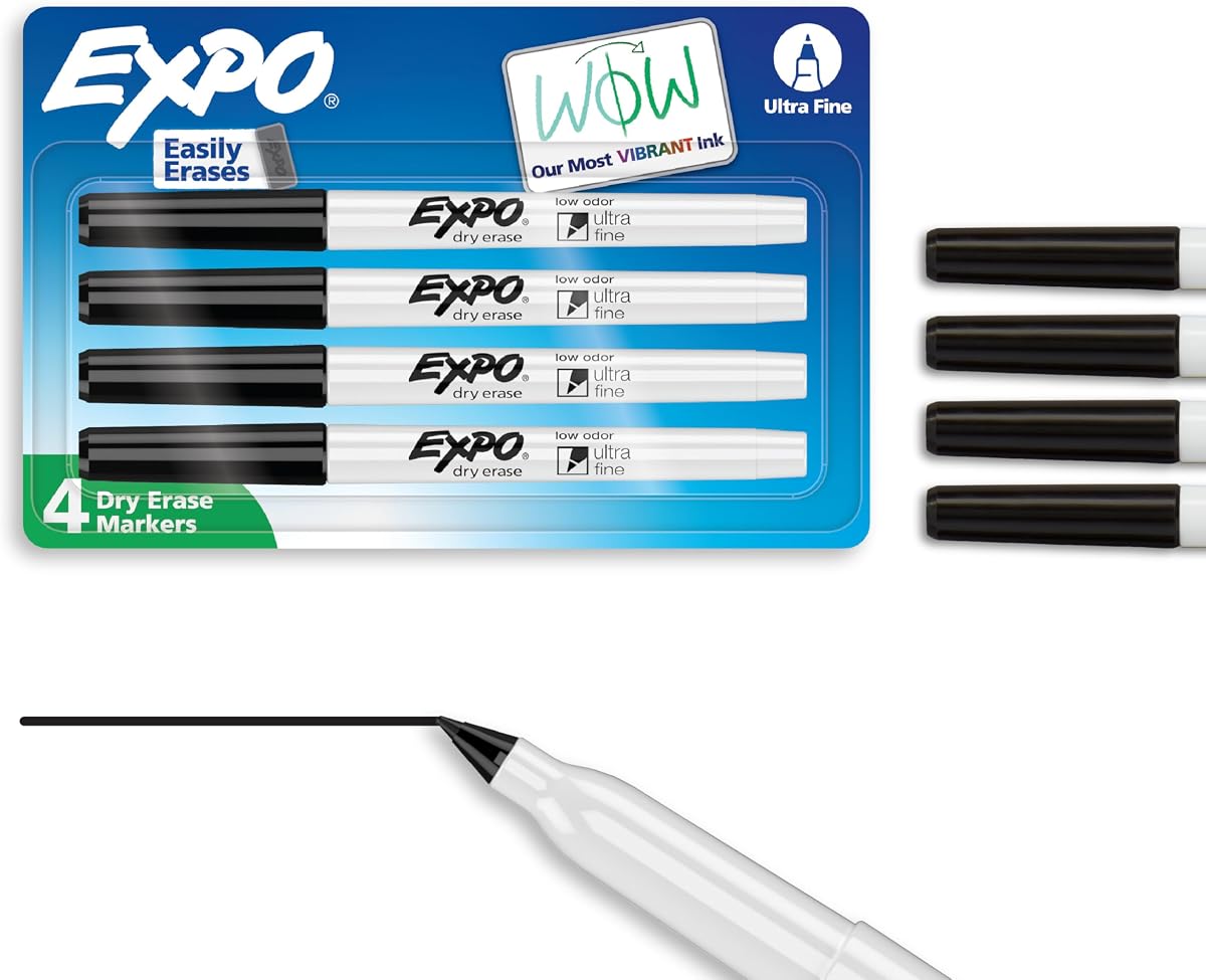 Marcadores de Borrado en Seco, Tinta de Bajo Olor, Negro, Punta Ultra Fina, 4 Cuentas