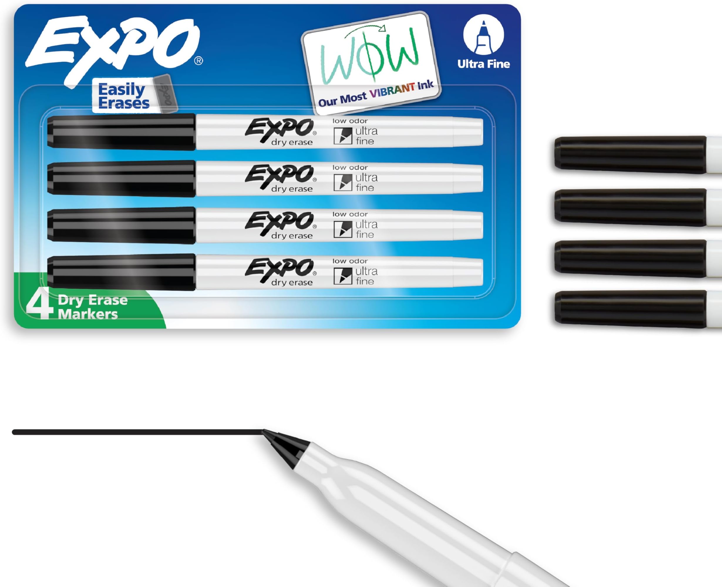 Low-Odor Dry Erase Markers, Ultra-Fine Tip, Black, 4 Count