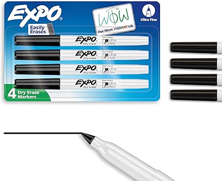 EXPO 1871774 Low-Odor Dry Erase Markers, Ultra Fine Tip, Black, 4 Count Pack of 1
