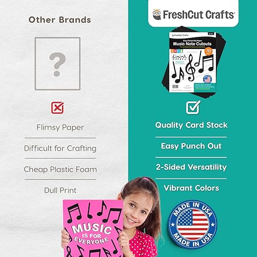 Miniatura 7 de 70 piezas de notas musicales negras recortadas decoraciones de fiesta musical en 7 diseños, cartulina fabricada en Estados Unidos, fácil de perforar