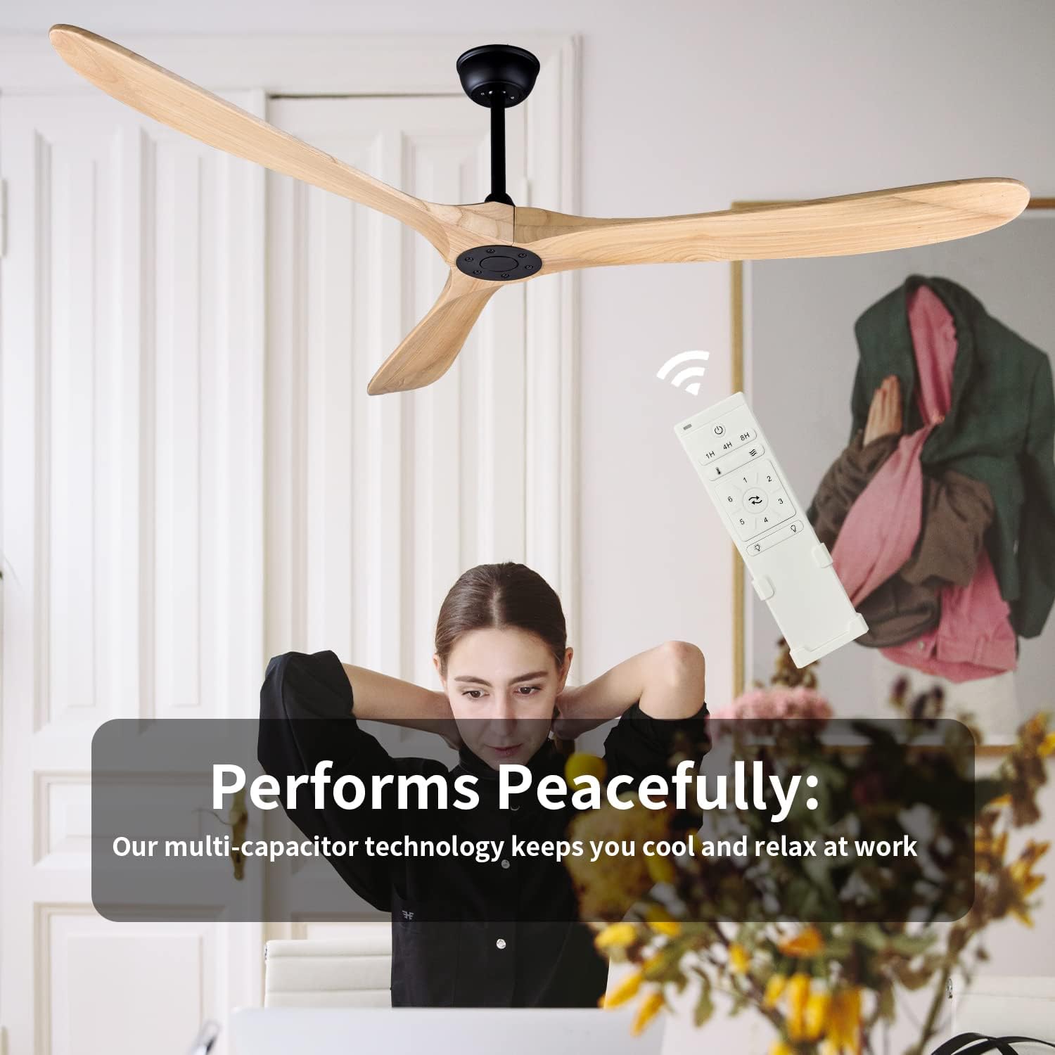 70" Indoor/Outdoor Wood Ceiling Fan, 3 Blade DC Ceiling Fan with Remote Control, 2 Downrods, Reversible DC Motor 35W Quiet Energy Saving
