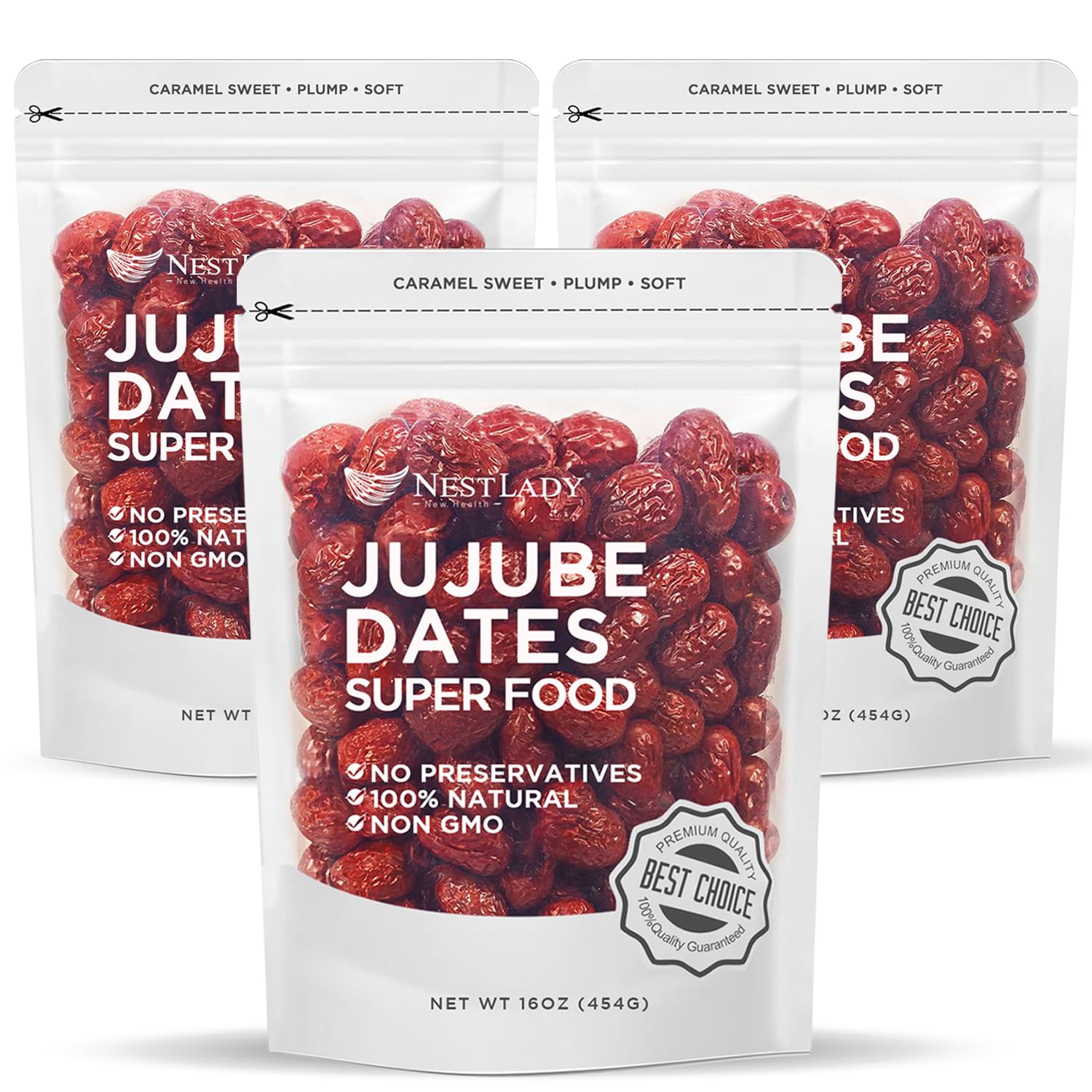 NESTLADY Premium Jujube Date, Red Date (Hong Zao), 100% Natural, Improve sleep, Health Snack, Dried Fruit, Sweet and Chewy Net weight: 454g/1LB (3 Packs, 3LB in Total), Packed in USA