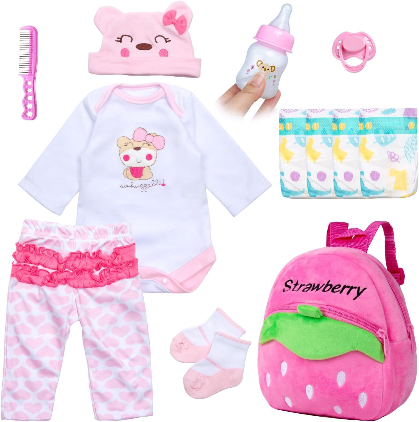 Reborn Baby Dolls Clothes Pink Bear Outfit Accessories 12 Pcs Set for 17-22 Inch Reborn Dolls Newborn Baby Girl with Strawberry Backpack&Feeding Set