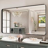 Vista 3 de LOAAO - Espejo de baño con marco de metal negro para pared, espejo grande de 55X30 pulgadas rectangular redondeado, espejo mate de tocador de baño