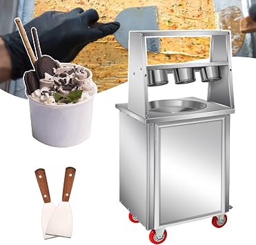 Movable Fried Ice Cream Roll Machine for Restaurants/Bars/Dessert Shops/ice Cream Shops,Freeze Yogurt Roll Ice Cream Machine -Built-in Compressor/defrost Button,with 2 scrapers,Round