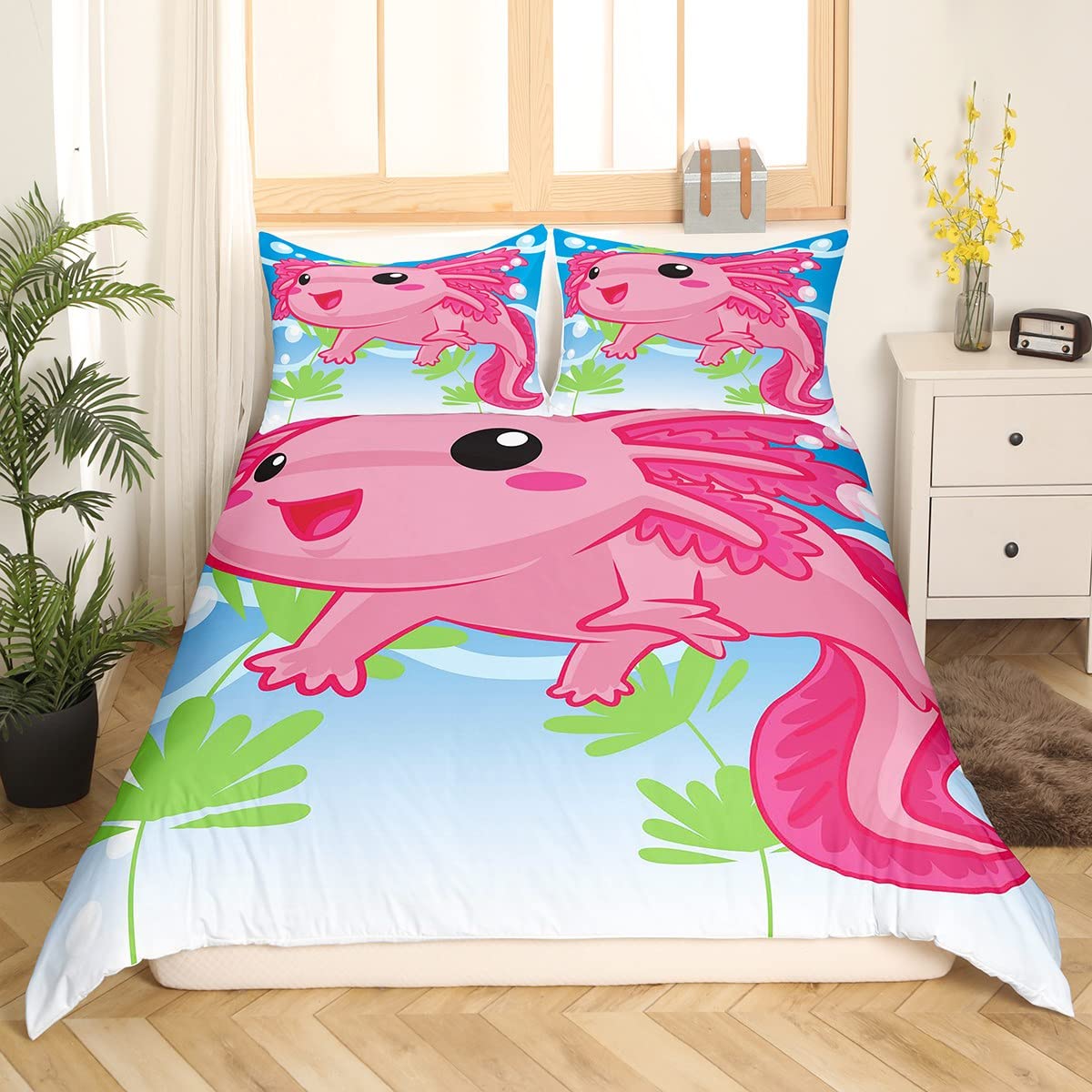 Kawaii Axolotl Comforter Cover Cartoon Pink Axolotl Bedding Set 3D Animals Duvet Cover for Children Kids Boys Girls Microfiber Salamander Bedspread Cover King Size - Image 3