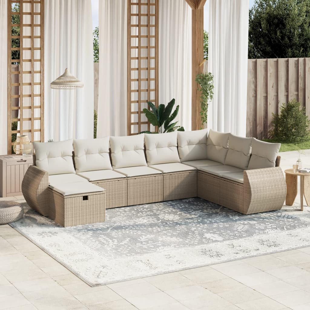 Conjunto de sofás de jardín, diseño modular con cojines gruesos y estructura de acero, ratán PE beige 55x62 cm, asientos modulares para terraza o patio