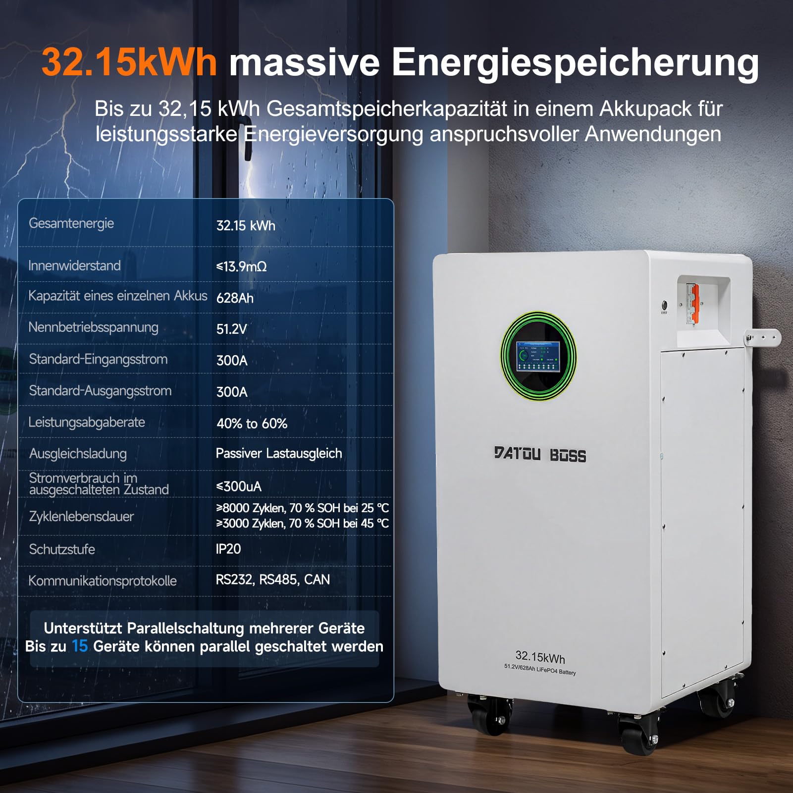 DATOUBOSS 51,2V 628Ah LiFePO4 Batterie 32,15kWh, 200A BMS, RS232/485/CAN