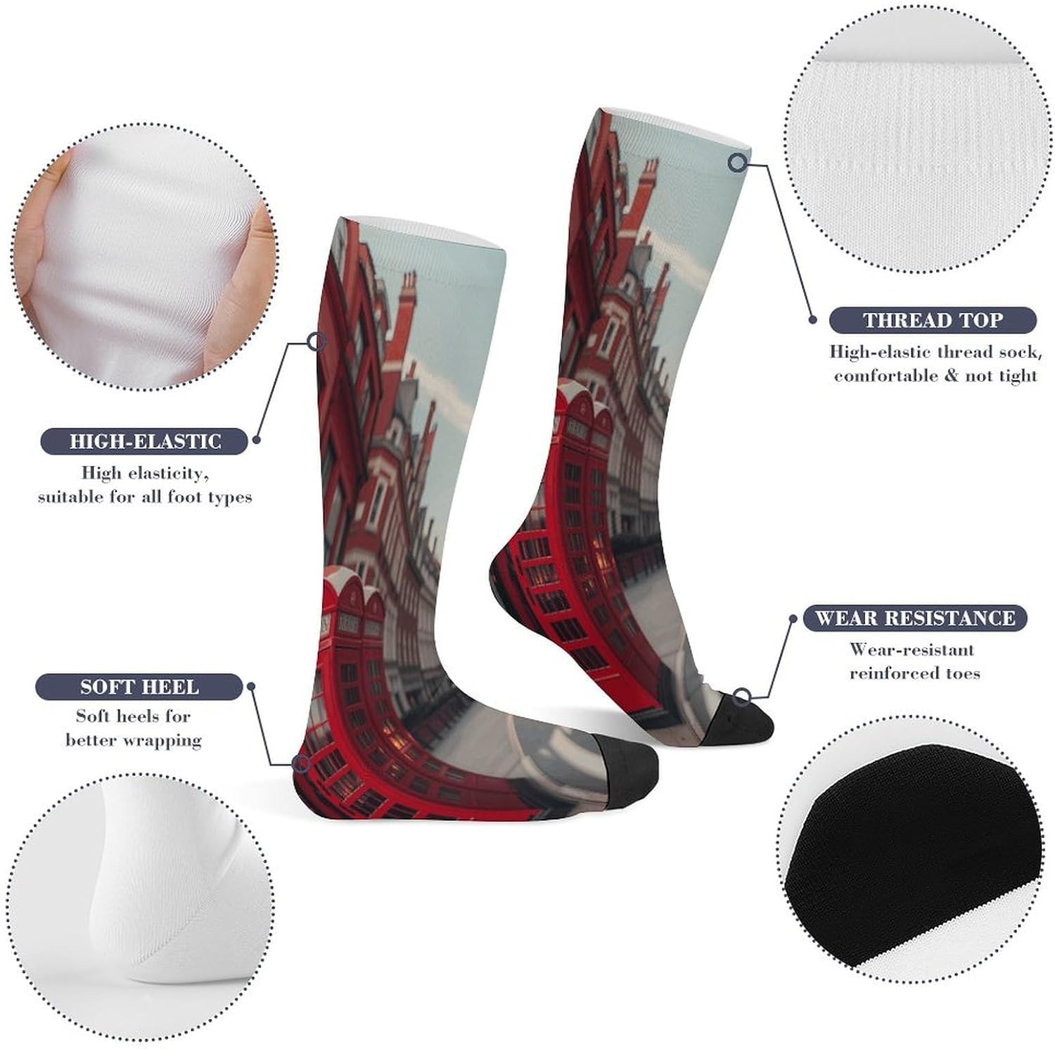 Red London Street Compression Sock Breathable Support Socks Lightweight Knee High Tube Socks for Women Men