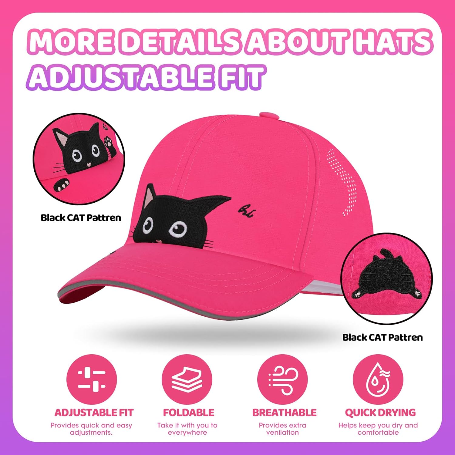 Girls Criss Cross Ponytail Hat - Black Cat Baseball Cap for Kids Age 7-15 - Adjustable Quick Dry Sun Hat for Cat Lover Gifts - Image 2
