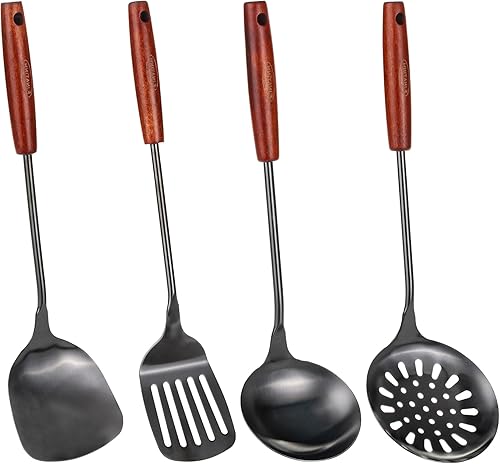 FJNATINH Juego de espátula y cucharón para wok de 17 pulgadas, cuchara espumadora, espátula ranurada, juego de utensilios de cocina de acero