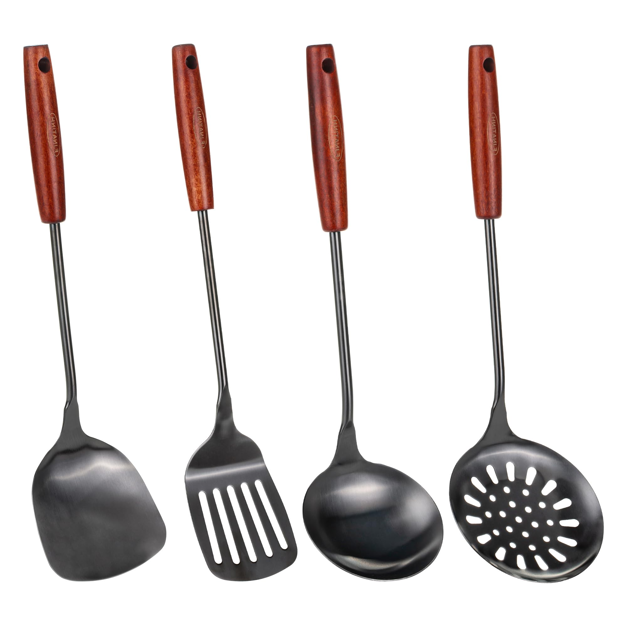 FJNATINH Espátula y cucharón de wok de 17 pulgadas, cuchara de skimmer, juego de espátulas ranuradas de acero inoxidable 304, 4 utensilios de cocina, accesorios wok
