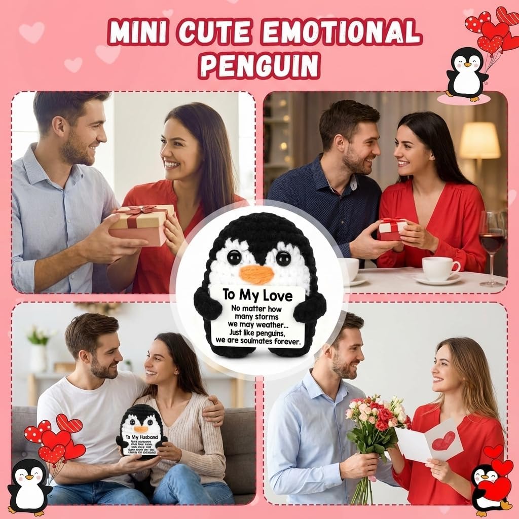 Crochet Penguin Couple Gift with Base & Matching Love Bracelets, Romantic Anniversary Birthday Gift for Her Him, Boyfriend Girlfriend Wife Husband, Valentine’s Day Wedding Love Decor