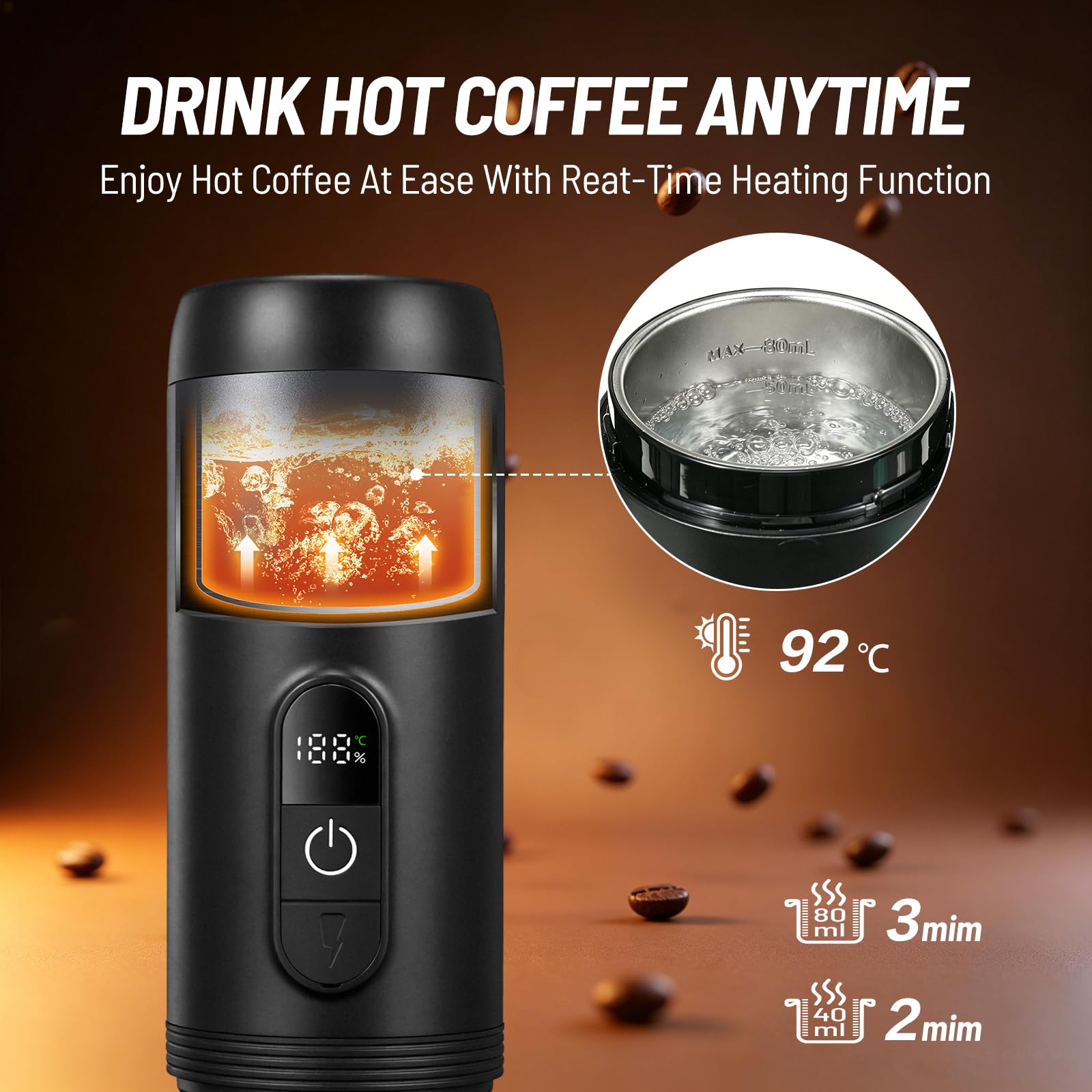 Cafetera Portátil Espresso,20 Bar Cafetera Portatil Capsulas Recargable Compatible con Cápsulas Pequeñas y Café Molido Autocalentamiento Cafetera Portátil para Viajes Acampada Oficina