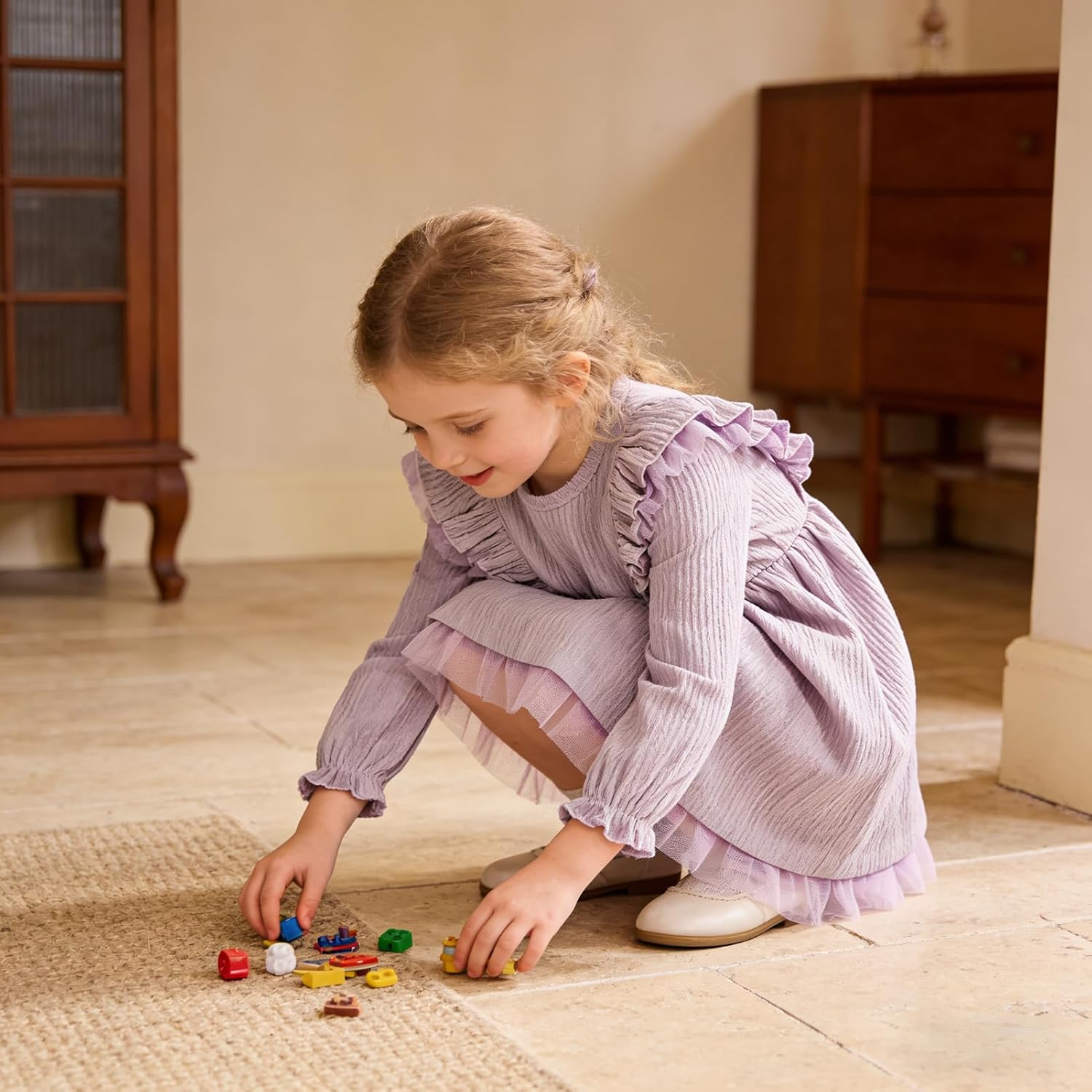 Toddler Girl Dress Fall Ruffle Long Sleeve Baby Girl Solid Color Casual Dresses 2-6Y - Image 3