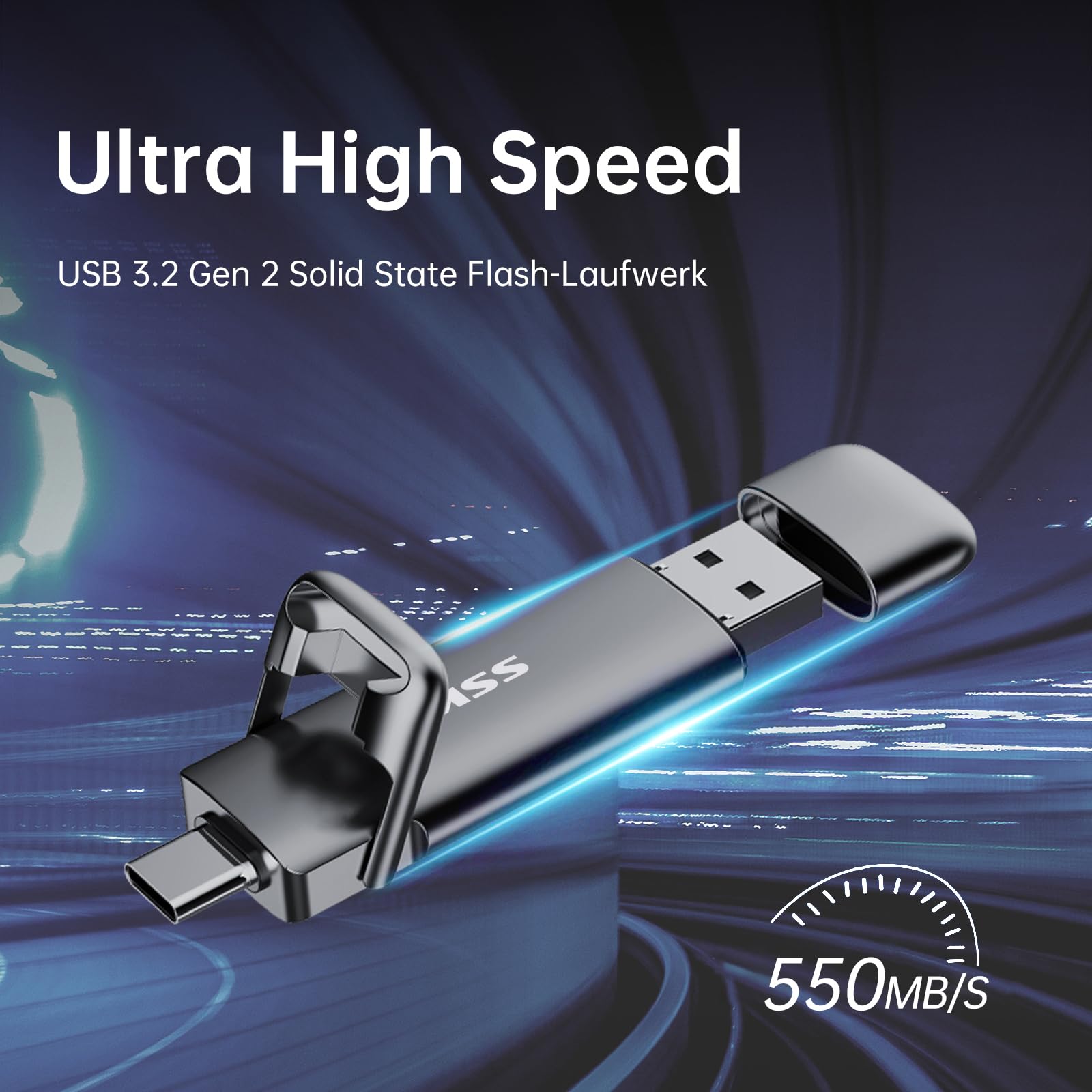 SSK USB C Externe SSD 128GB, mit bis zu 550 MB/s Extreme schneller USB-Stick, Dual-USB Typ C + USBA USB3.2 Gen2 Speicherstick für Android-Telefon, Laptop, Tablet, Mac