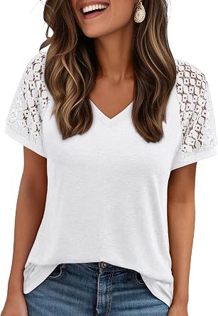 AUTOMET Womens Summer Short Sleeve T Shirt 2026 Spring Vacation V Neck Tops Lace Blouses Dressy Casual Fashion Clothes