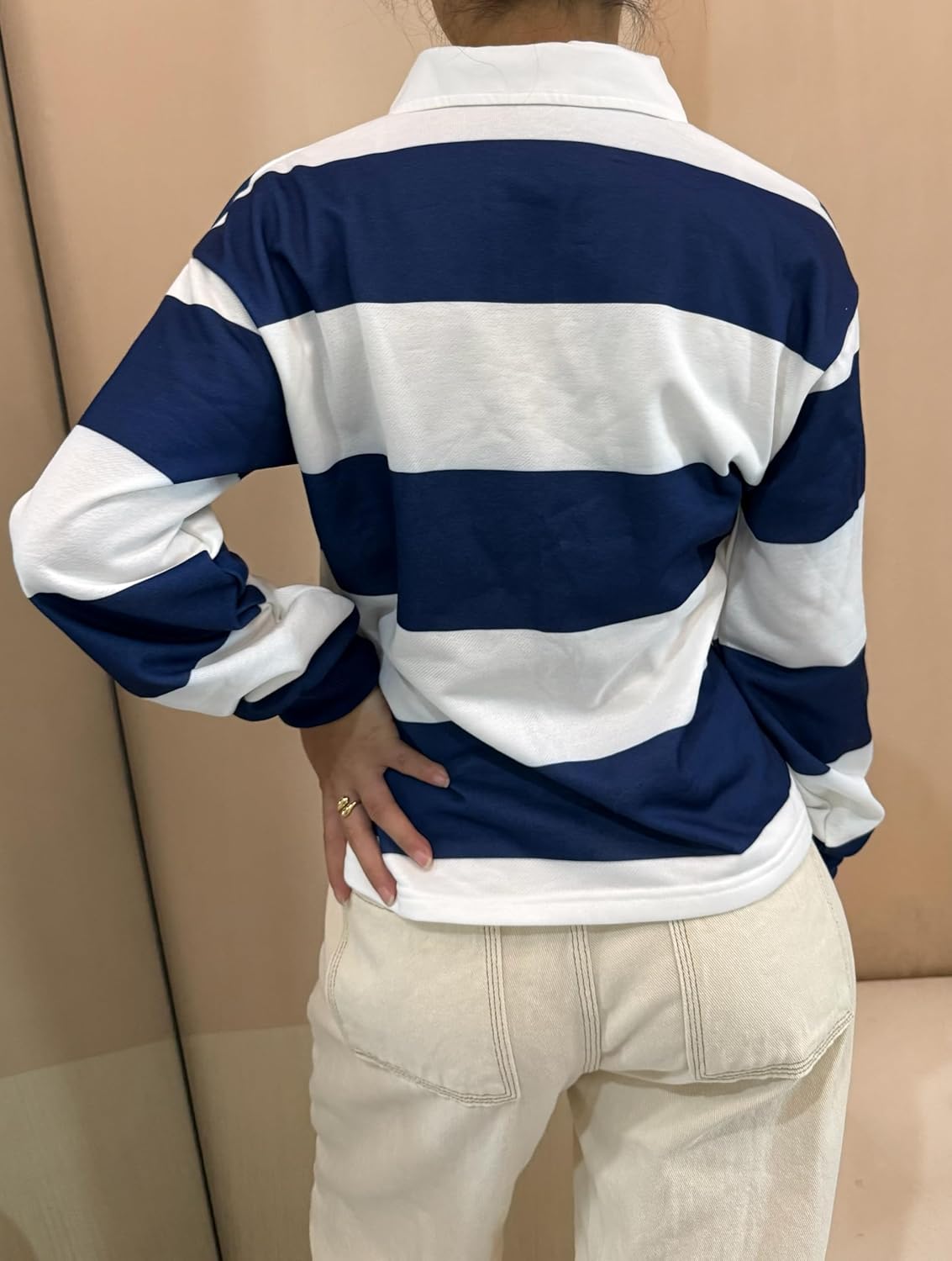 Women Striped Polo Sweatshirt Oversized Long Sleeve Rugby Shirts Fashion Fall Loose Color Block Pullover Tops - Image 3