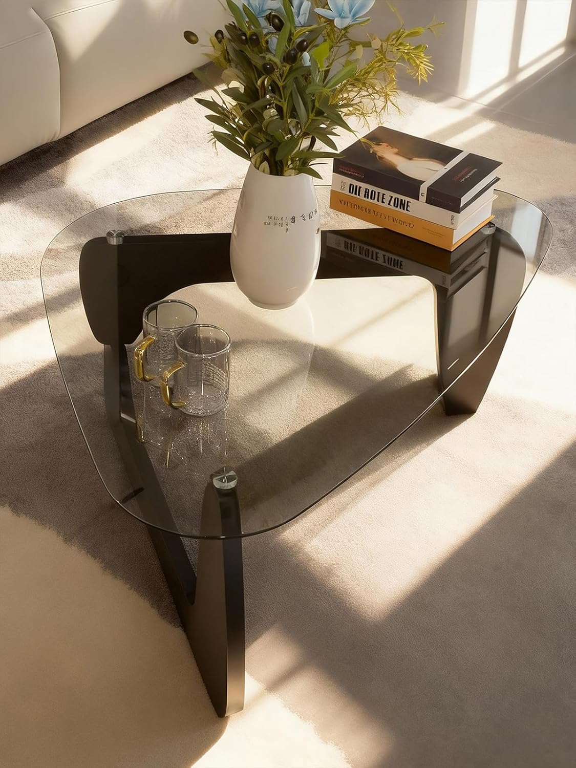 Morden Coffee Table,Glass Coffee Table with Natural Wood Legs,42.5" x 28.5" x 16" Triangle Tempered Glass Top for Living Room, Black