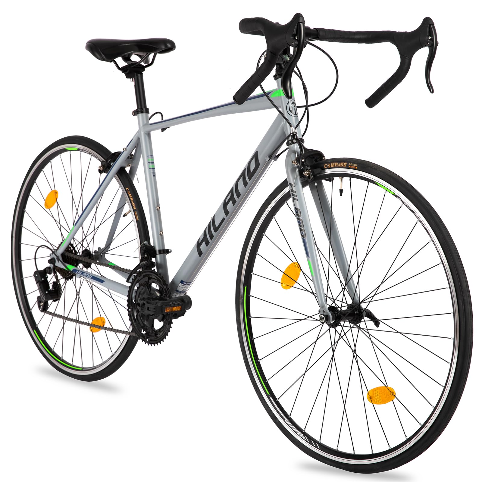 Hiland Bicicletta da Corsa 700C con Cambio 14 Velocità, Colore Blu/Nero/Argento, Taglia S/M/L, Bici da Strada 28 Pollici per Uomo e Donna con Telaio in Acciaio e Freno a Morsetto