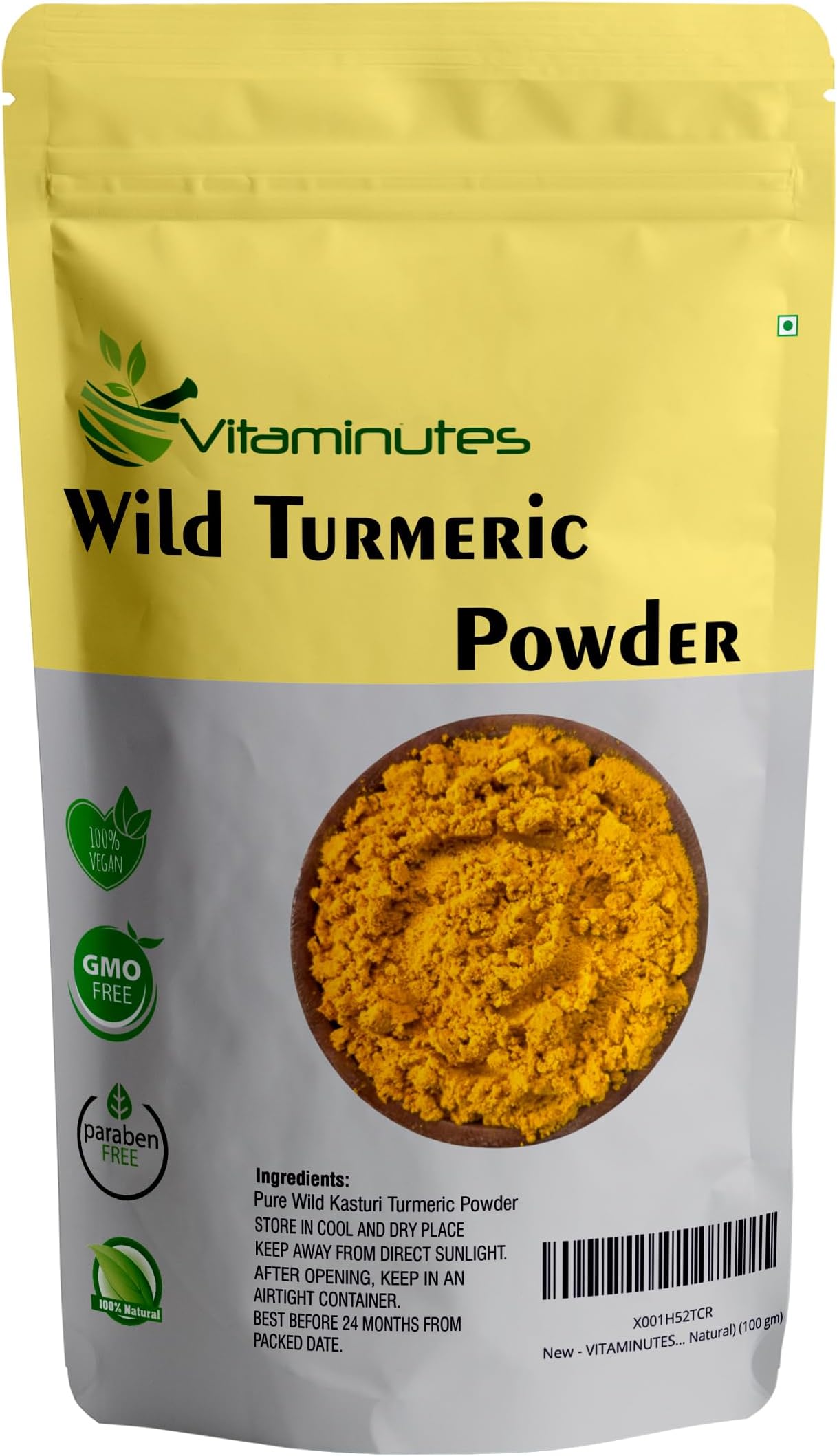 VITAMINUTES Bio Organic Wild Turmeric Powder For Skin And Face Care [Curcuma Aromatica/Jangli Haldi/Kasturi Manjal/Kasturi Haldi Powder] | Skin Whitening (100% Pure & Natural) (100 Gm)
