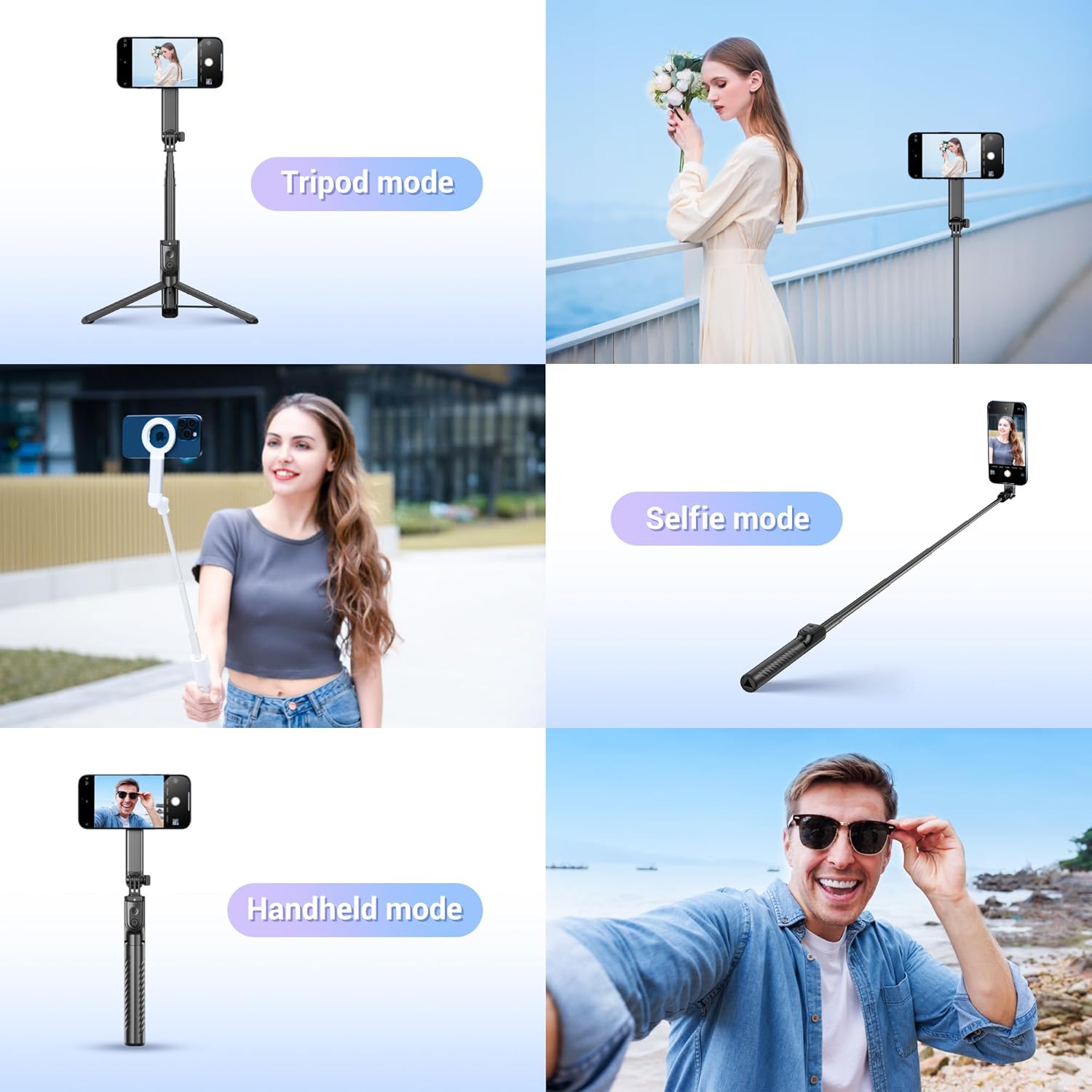 Magnetic Phone Tripod Selfie Stick, 40.9" Extendable Cell Phone Tripod Stand for iPhone 17 16 15 14 13 12 MagSafe Phone Case with Clamp & Wireless Remote for Selfie Vlogging Video Recording-White - Image 2