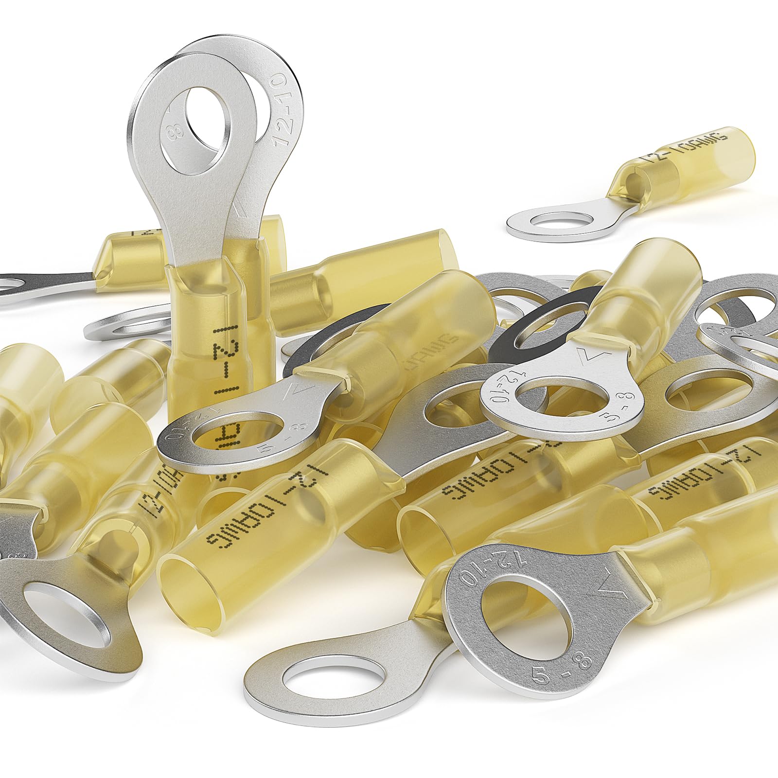 AIRIC 12-10 AWG - 5/16" Heat Shrink Ring Terminals, Copper Terminal Connector Ends, Battery Cable End Lugs, Yellow Insulated Electrical Crimp Wiring