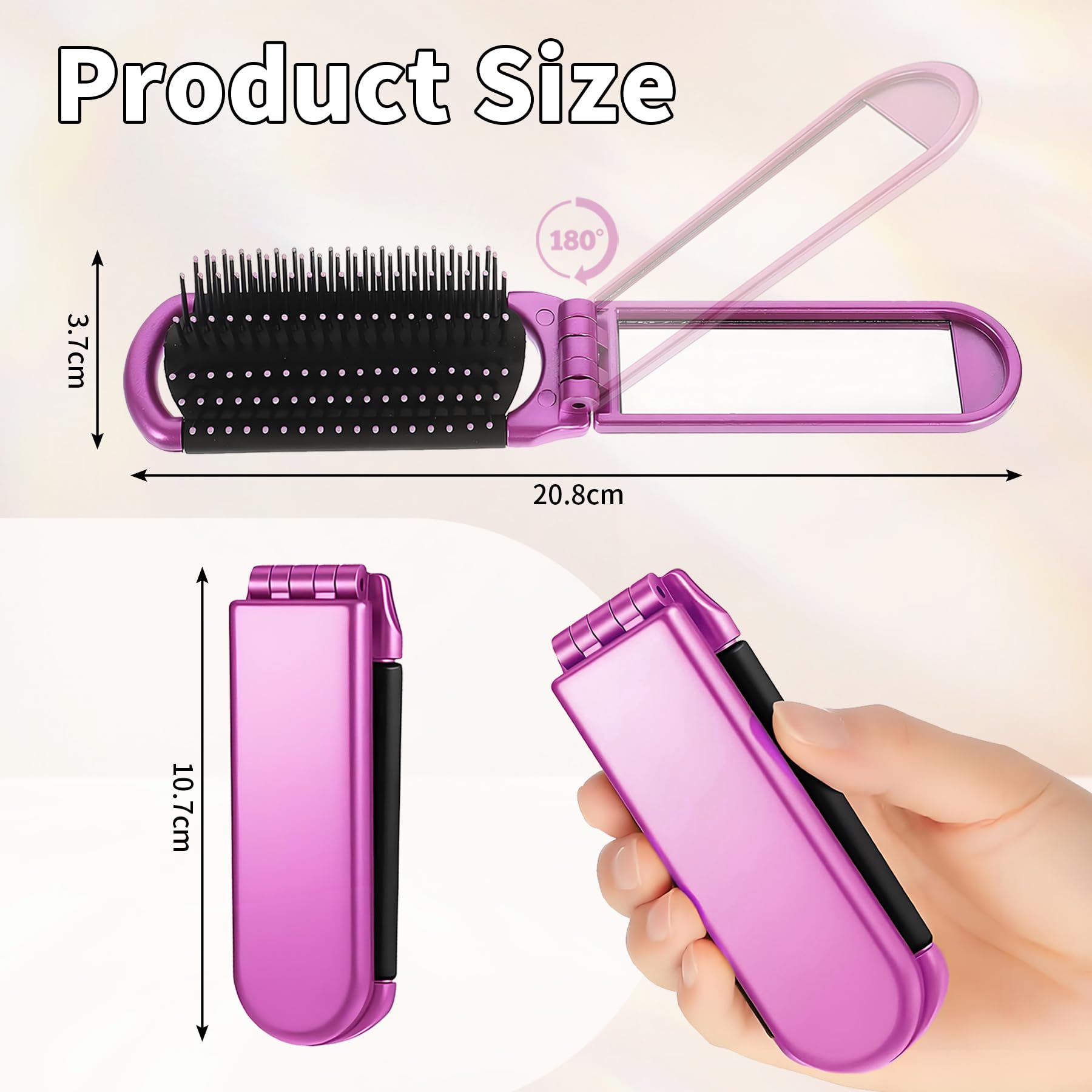 YPYMOD Spazzola per Capelli da Viaggio con Mini Specchio, Pieghevoli Spazzola Pettine per Massaggi Strumenti compatti per Lo Styling dei Capelli per Palestra, Viaggi, Borsa, Nuoto(Viola)