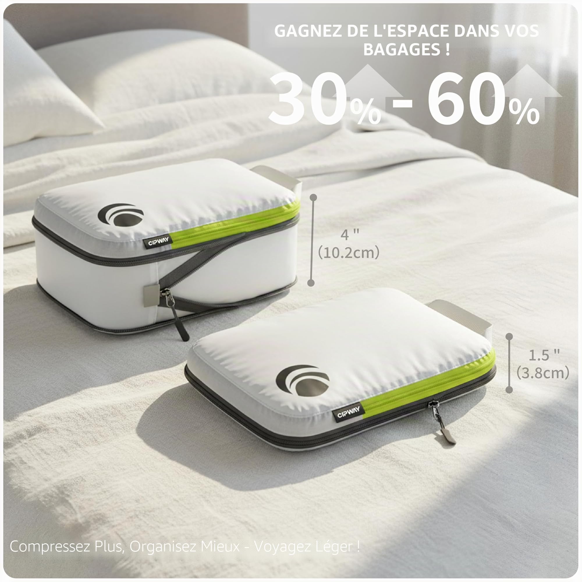 Cipway Lot de 6 cubes d'emballage par compression, organiseurs de voyage ultra légers et extensibles pour bagages à main (blanc 6 pièces)