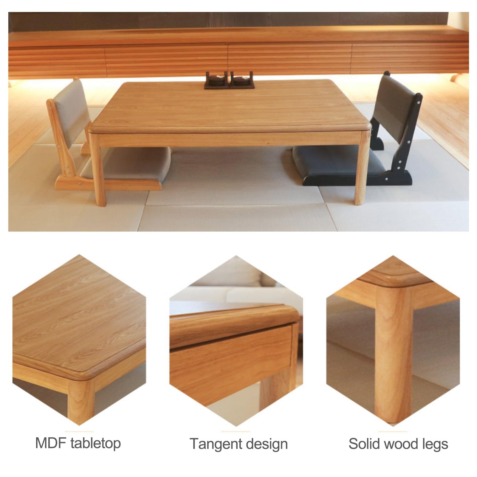 Dieser Tisch mit Heizung aus natürlichem Holzmaterial, beheizter Tatami-Tisch mit Fußwärmer, quadratische Tischplatte, Schlichtes Design für die Küche zu Hause (gelb)