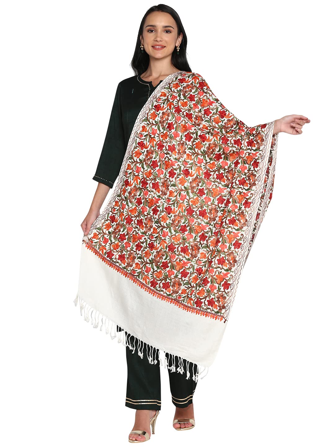 Kashmiri Shawl Stole for Women, Pashmina Feel Woolen Embroidery Jaal Shawls for Winter, 30 x 80 inches Wraps-image-49