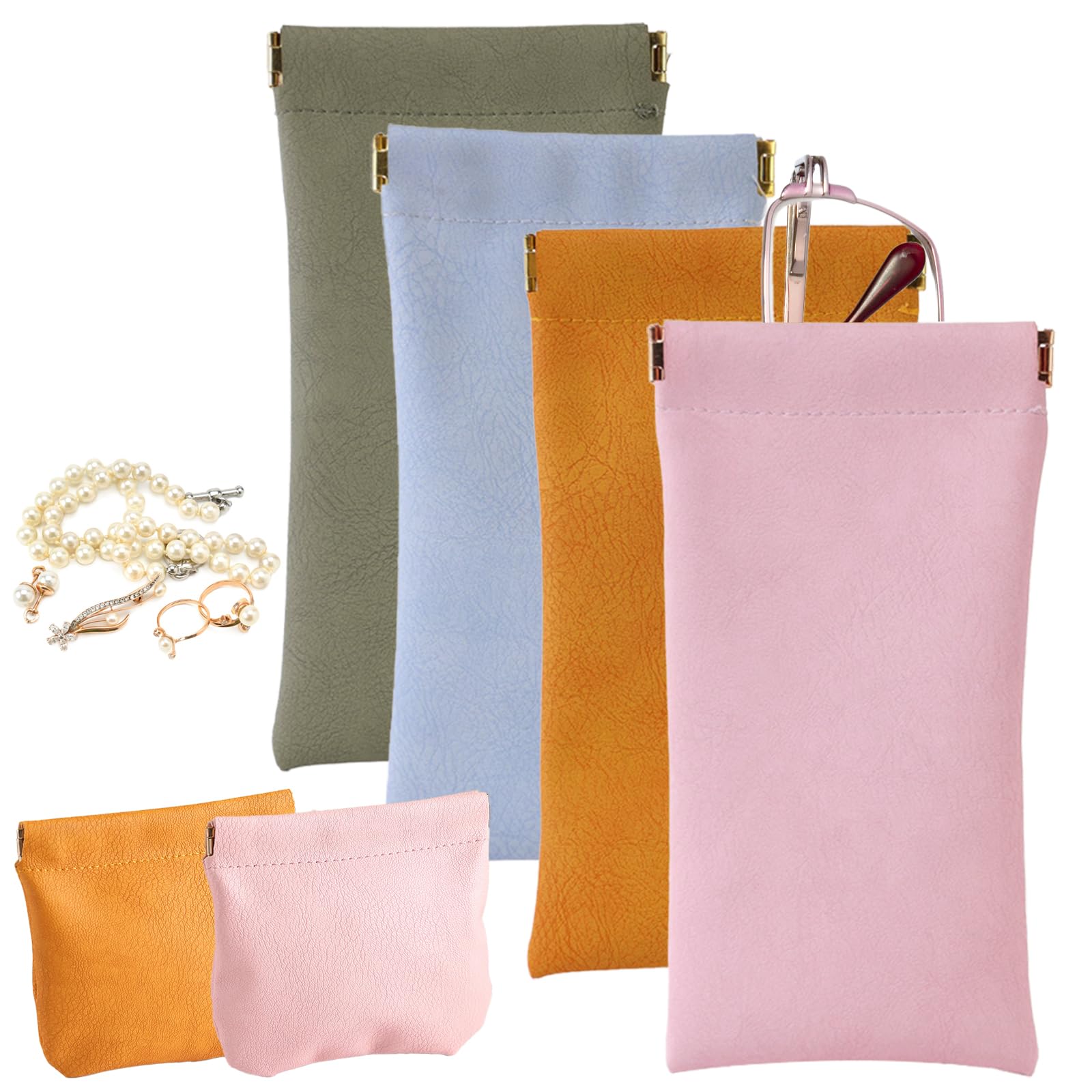 4-teiliges Brillenetui, Weiches Brillenetui Leder, 2-teilige Kopfhörer-Aufbewahrungstasche, Brillen Tasche für Sonnenbrille, Unisex, Orange, Rosa, Blau, Grün