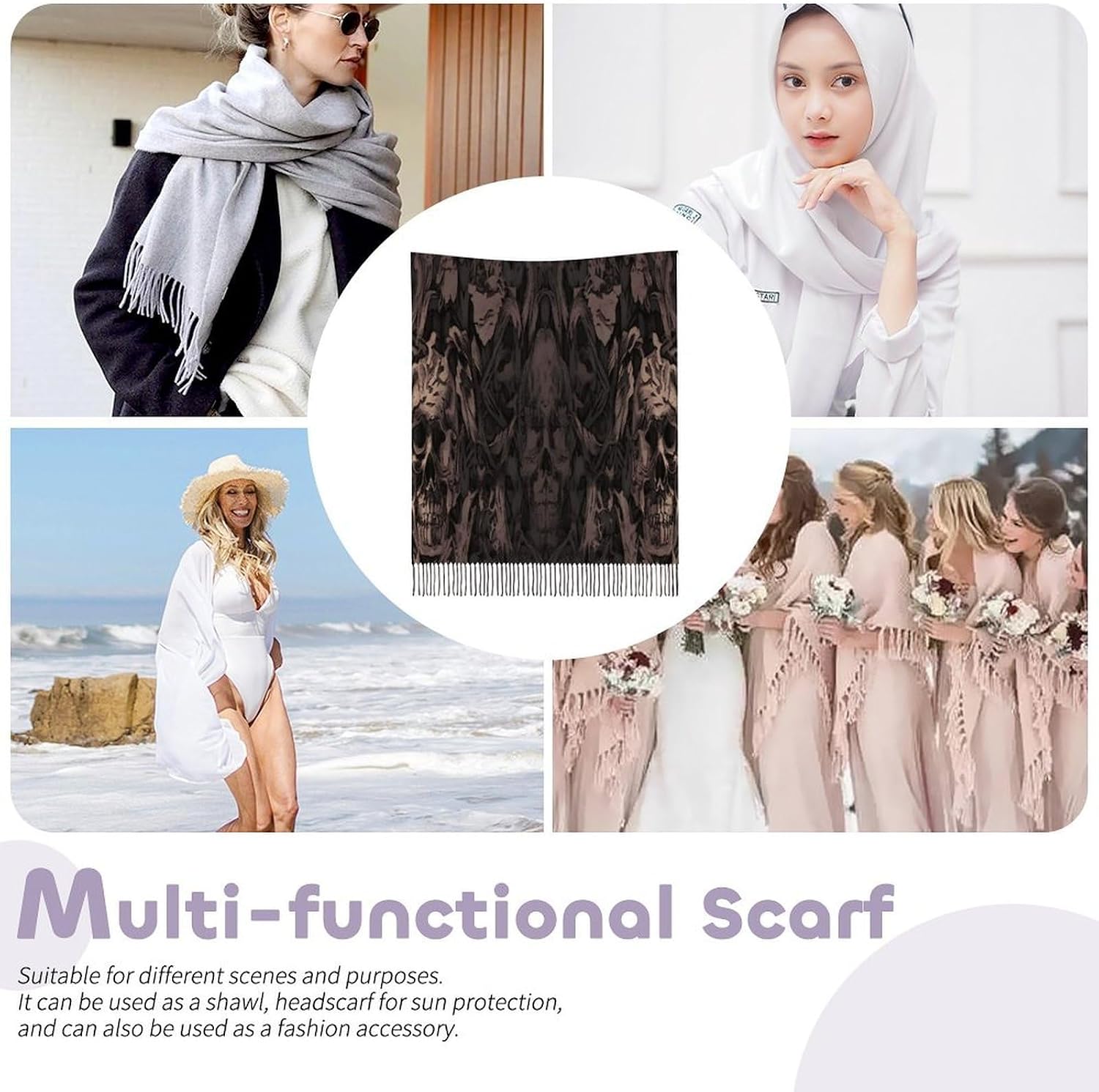 Gothic Wallpaper for Walls Skull Damask Winter Scarf for Women Soft Tassel Scarves Oversized Wraps Long Shawl Cold Weather Thick Blanket Scarfs
