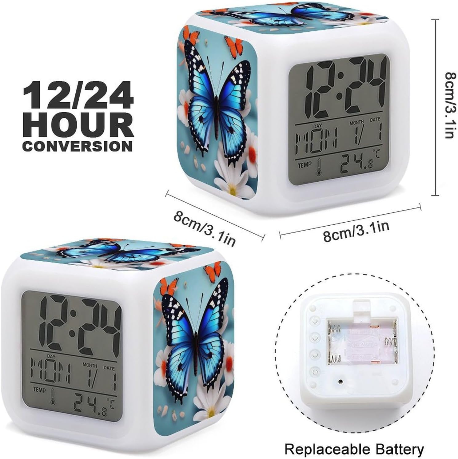 Butterfly and Flowers Digital Alarm Clock with 7 Color Changing Wake Up Night Light with LED Temperature Date Display Battery Operated Gifts Room Decor for Home Bedroom image 2