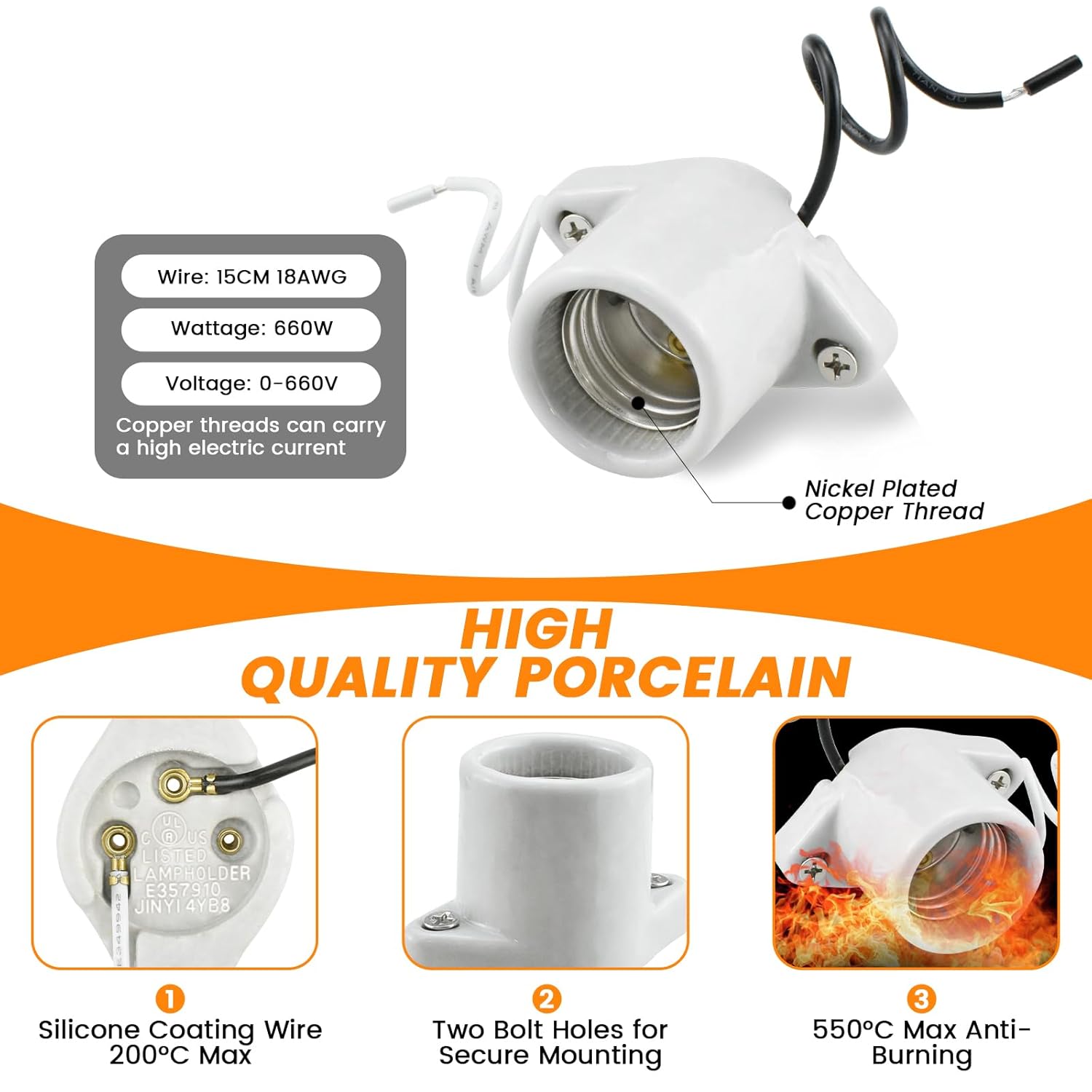 6 Pcs Porcelain Lamp Holder Socket, E26 Medium Base Keyless Light Bulb Holder Screw Threaded Base with Two Hole Flange Mounting and 6" Leads for LED and Incandescent Light Bulbs