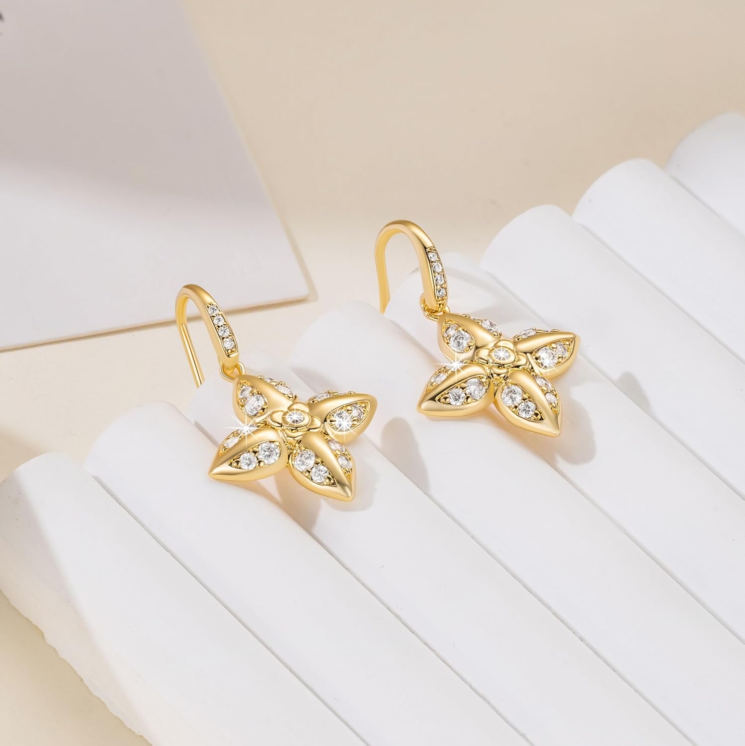 Eloqueen 14K Gold Earrings for Women Gold Dangle Earrings for Women Flower Earring with Cubic Zirconia Elegant and Good Fortunate Four-Leaf Flower CZ Drop Earring for Womens Dangling - Image 6
