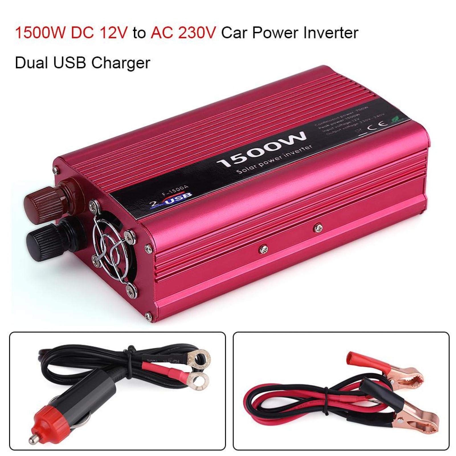 Zasilacz Samochodowy z Falownikiem, 1500W DC 12V na AC 230V Konwerter Samochodowy z Falownikiem Podwójny Adapter ładowarki USB Zapalniczka Samochodowa Zasilacz Samochodowy